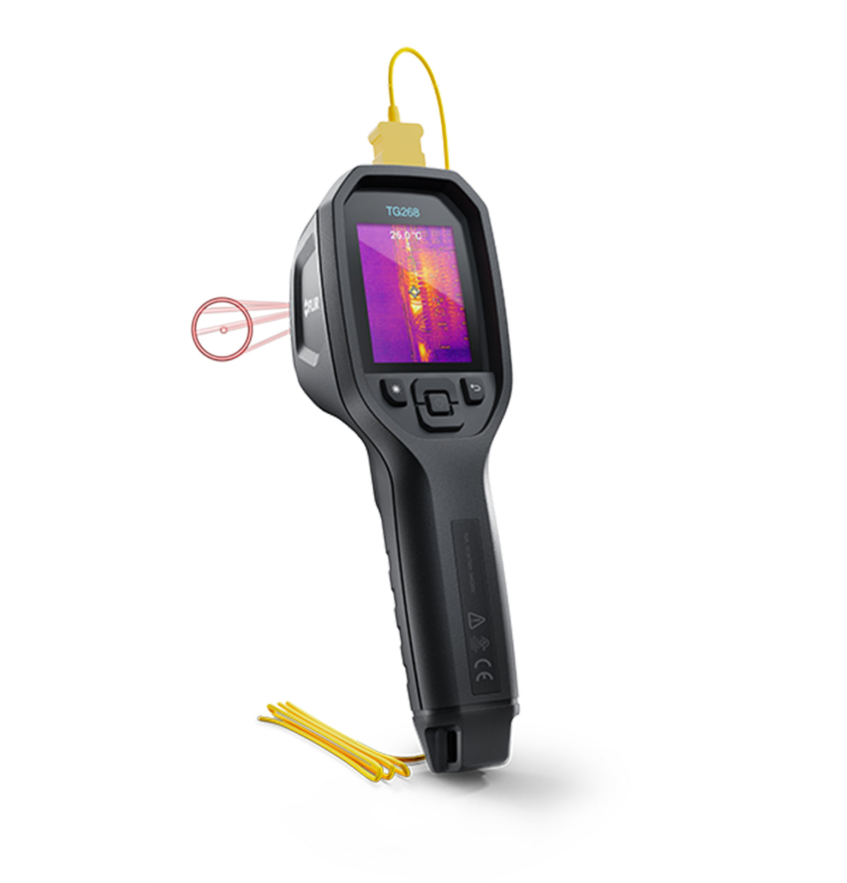 FLIR TG268 Wärmebildkamera mit Pistolengriff, Farbdisplay, Laserpunkt und gelbem Messfühlerkabel