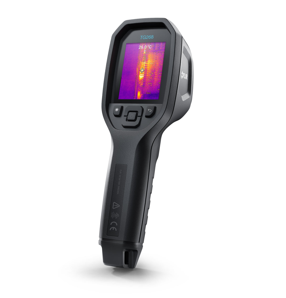 FLIR TG268 schräg von hinten mit Wärmebild auf dem Bildschirm und Bedientasten