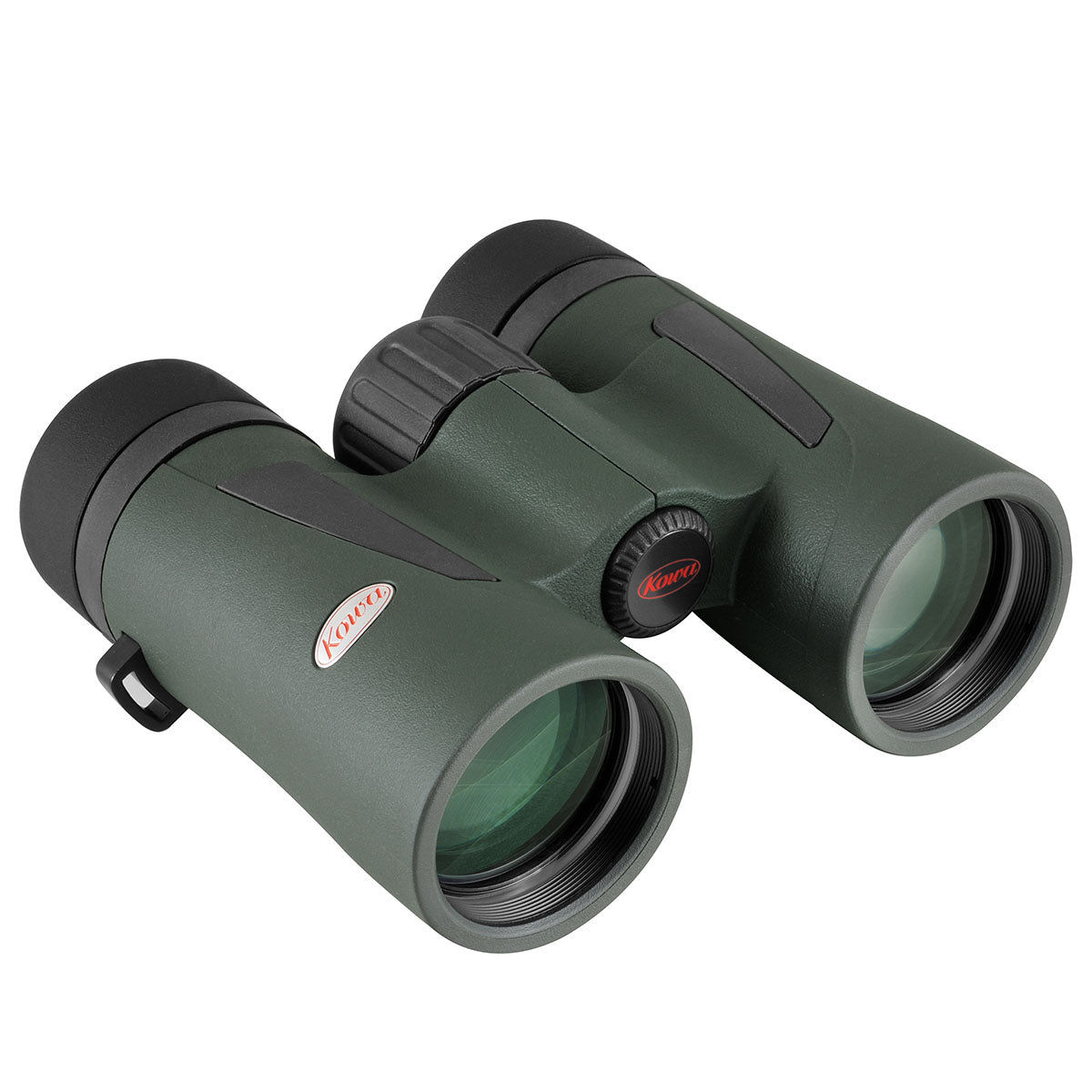 Kowa BDIII 10x32 XD schräg von vorne mit den Objektivlinsen und dem Kowa-Logo