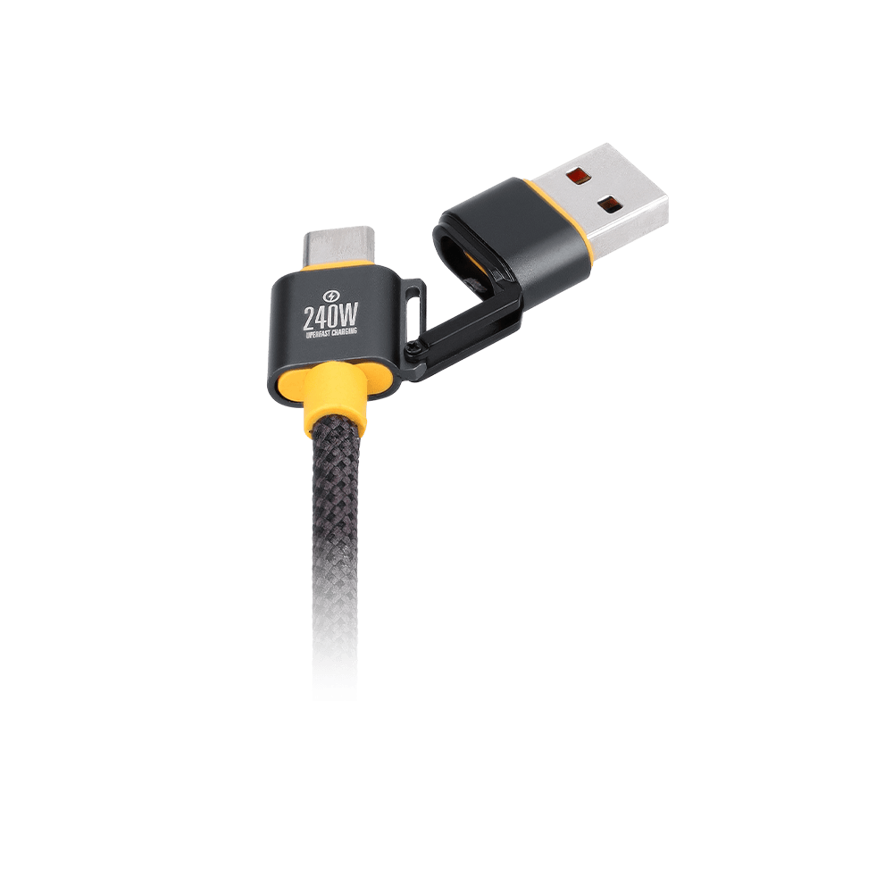 WakaWaka Connect Pro USB-C-Stecker mit 240W-Aufdruck und dem USB-A-Aufsatz daneben