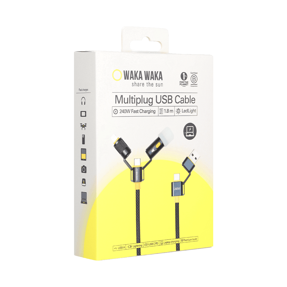 WakaWaka Connect Pro 5-in-1 Schnellladekabel in der weißgelben Verpackung mit der Aufschrift Multiplug USB Cable