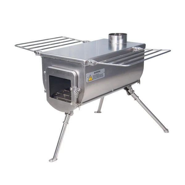 Winnerwell Woodlander Plus External Air schräg von vorne mit ausgeklappten Seitenablagen und Warnaufkleber