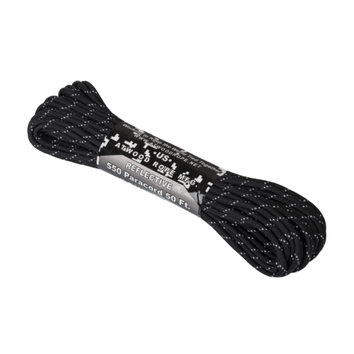 Atwood 550 Paracord Reflective, schwarzer aufgerollter Strang mit reflektierenden Fäden und Etikett