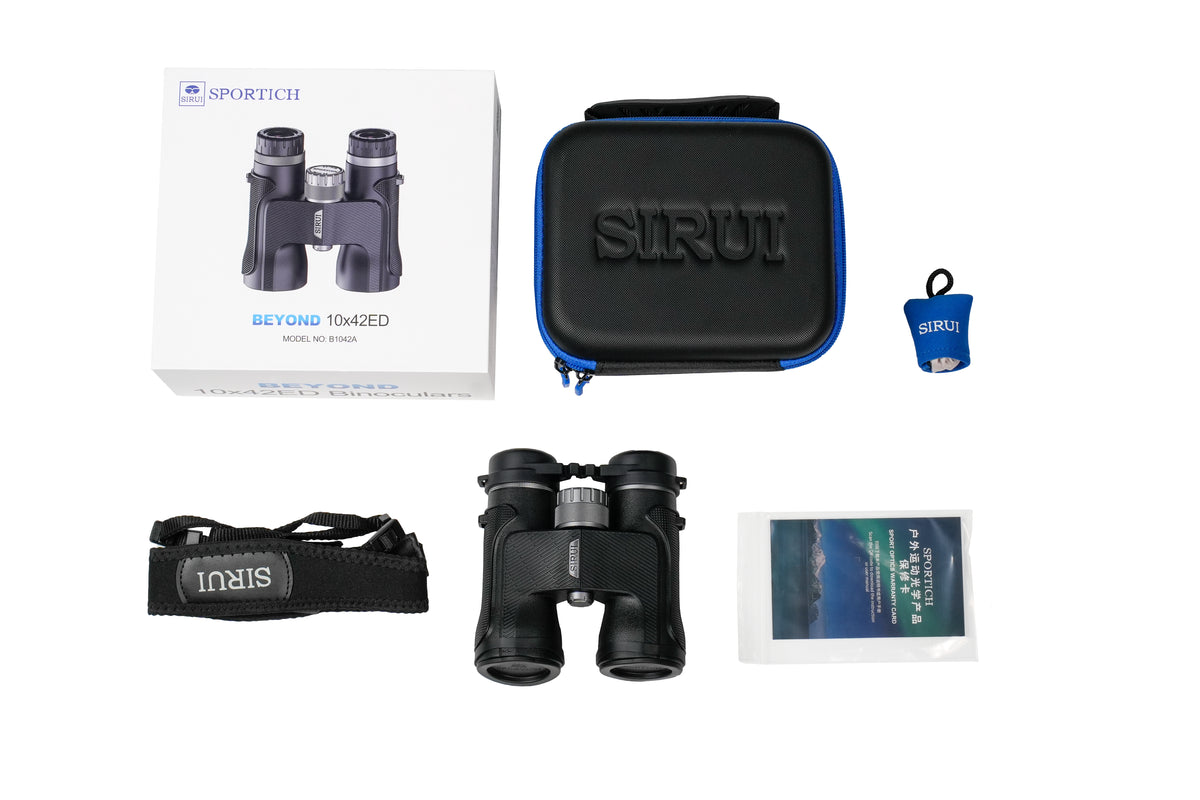 Sirui Sportich Fernglas in Schwarz mit Karton, Tasche, Nackengurt und Anleitung, von oben