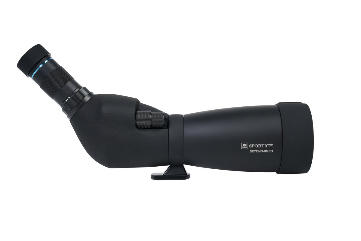 Sirui Sportich S6080A-BK Seitenansicht mit Fokussierknopf, Stativfuß und dem Okular links