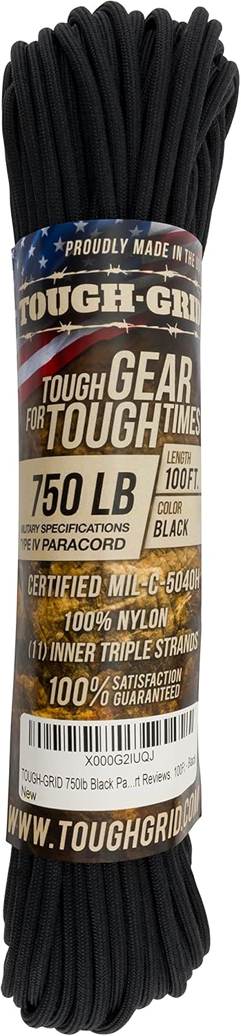 TOUGH-GRID 750 Paracord 30m schwarz, Schnur als aufgerollter Strang mit Etikett