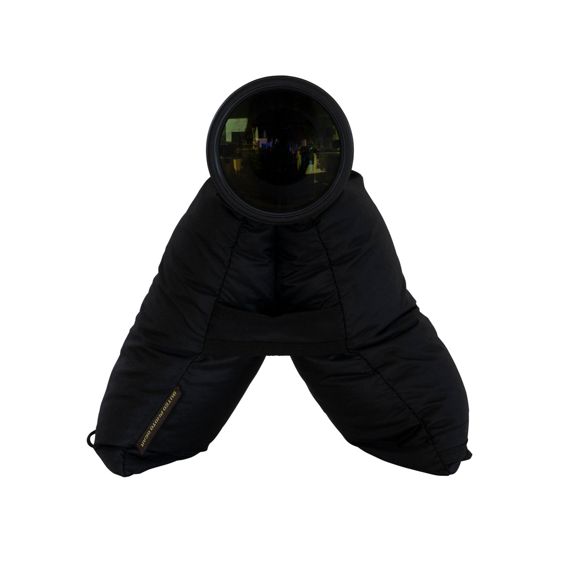 Buteo Bean Bag 2 in Schwarz von vorn, mit einem Objektiv im Sattel