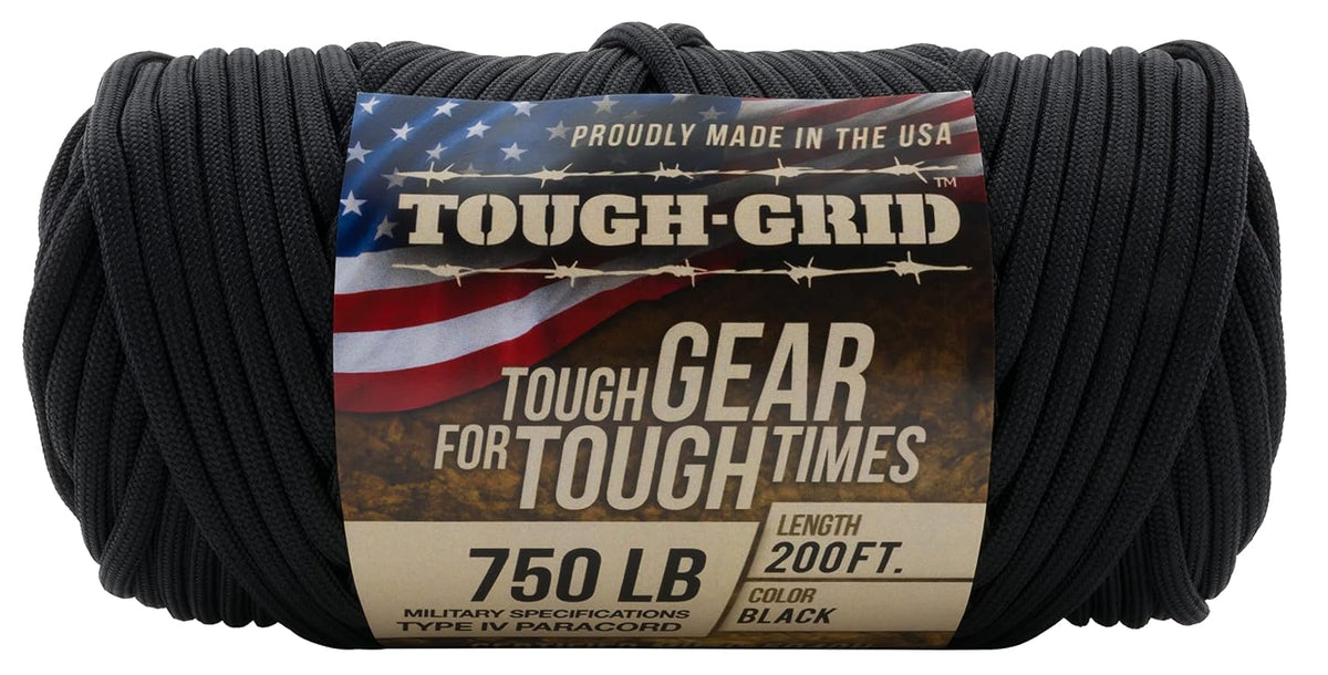 TOUGH-GRID 750 Paracord 61m schwarz, Schnur als aufgerolltes Bündel mit Etikett