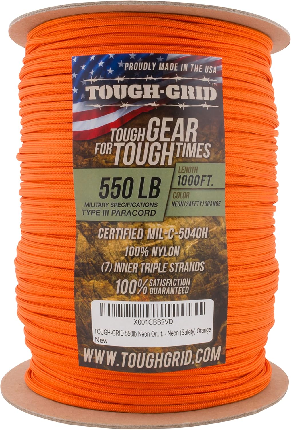 TOUGH-GRID Paracord 305m Neon Orange, große Rolle leuchtend orange Schnur mit Etikett