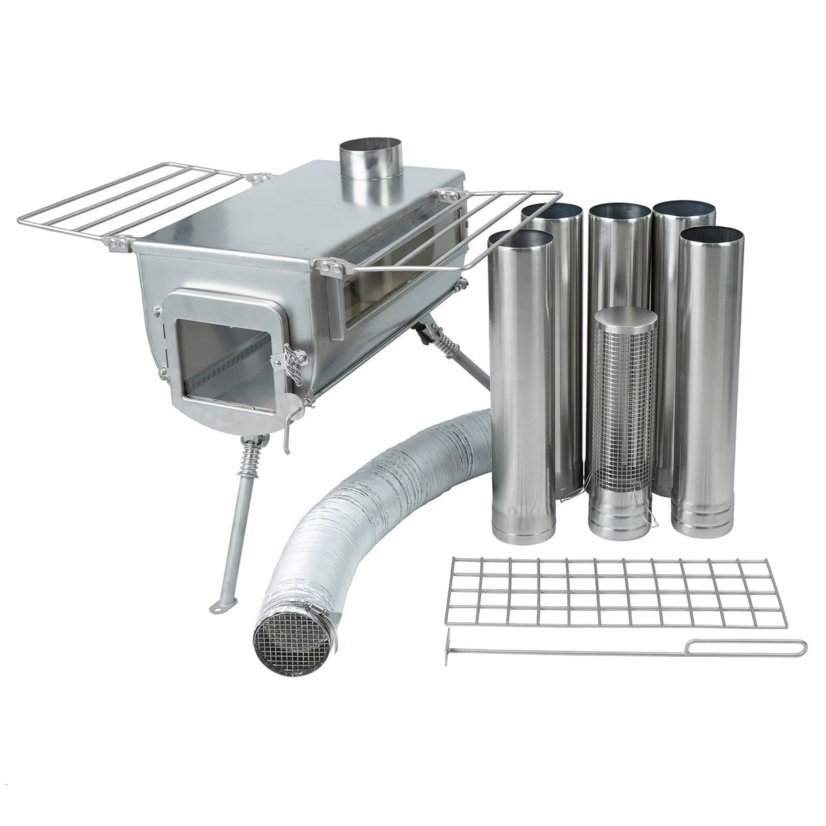 Winnerwell Woodlander Plus Double View mit Glastür und Seitenablagen neben Schornsteinrohren und Luftschlauch