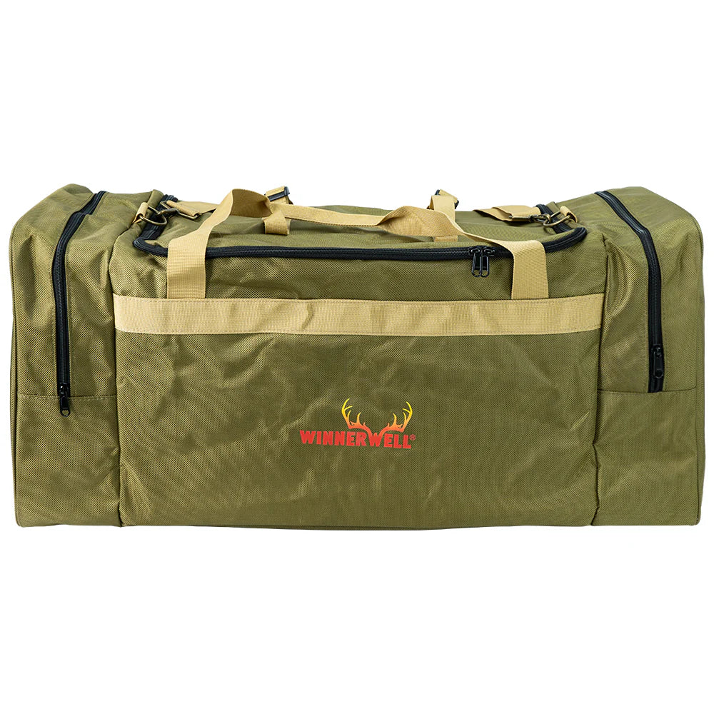 Winnerwell Tragetasche External Air Zeltofen, grüne Tasche mit beigen Henkeln und Reißverschlüssen