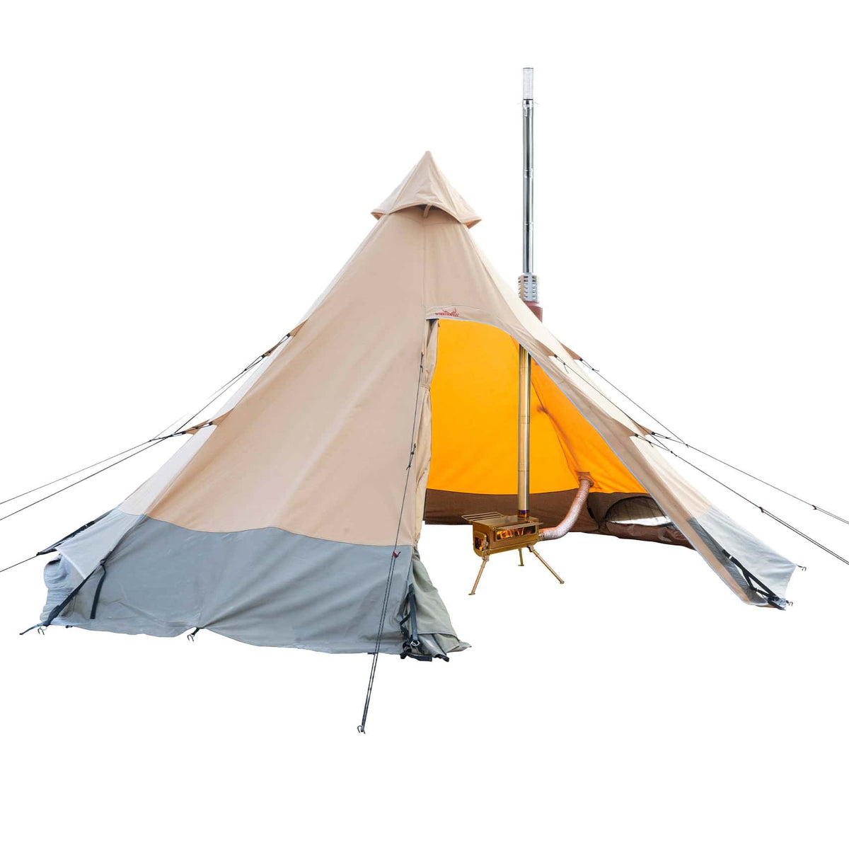 Winnerwell Arctic mit aufgerollter Tür, orangem Innenzelt und Rauchrohr
