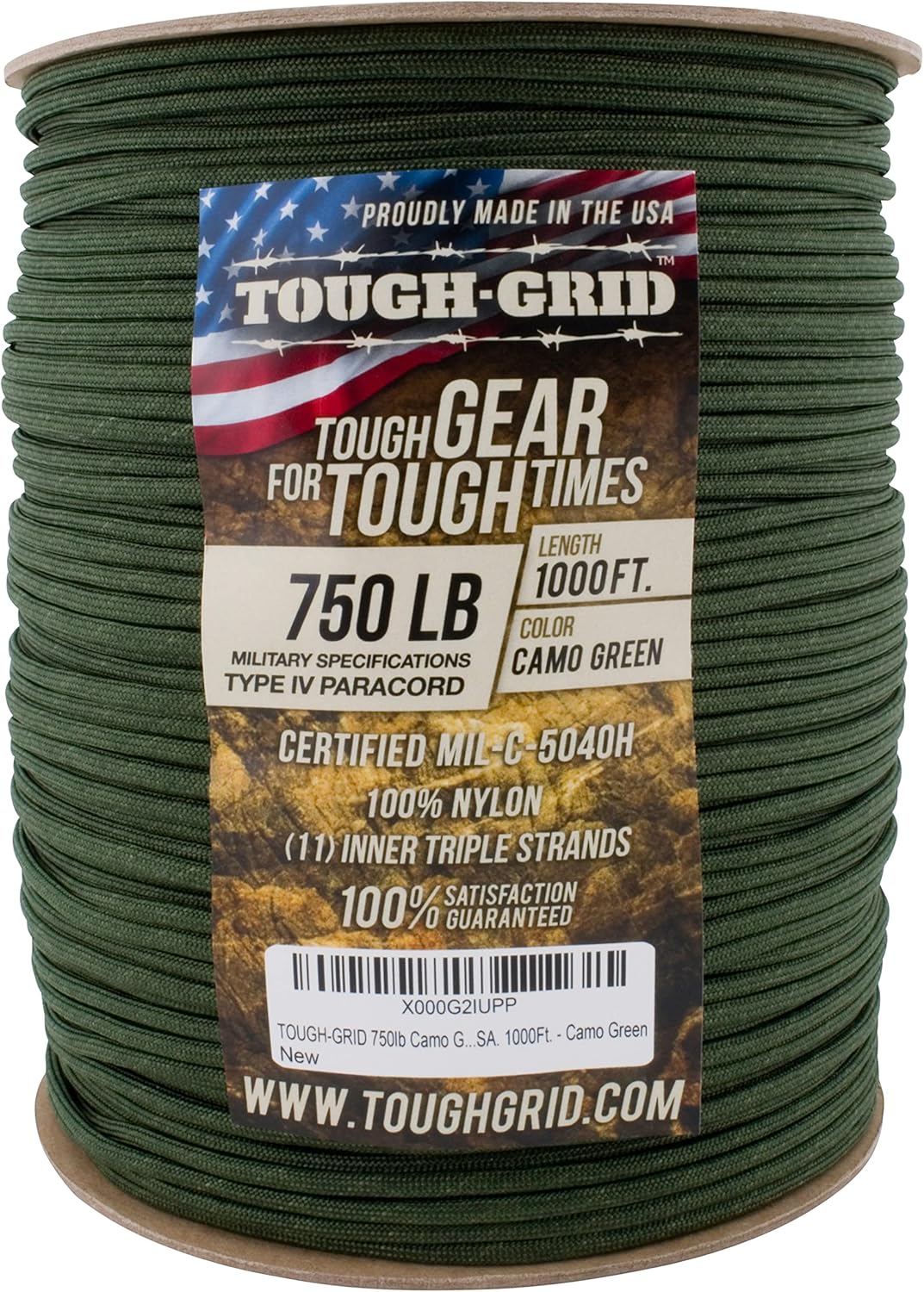 TOUGH-GRID Paracord 305m Camo Green, große Rolle dunkelgrüne Schnur mit Etikett