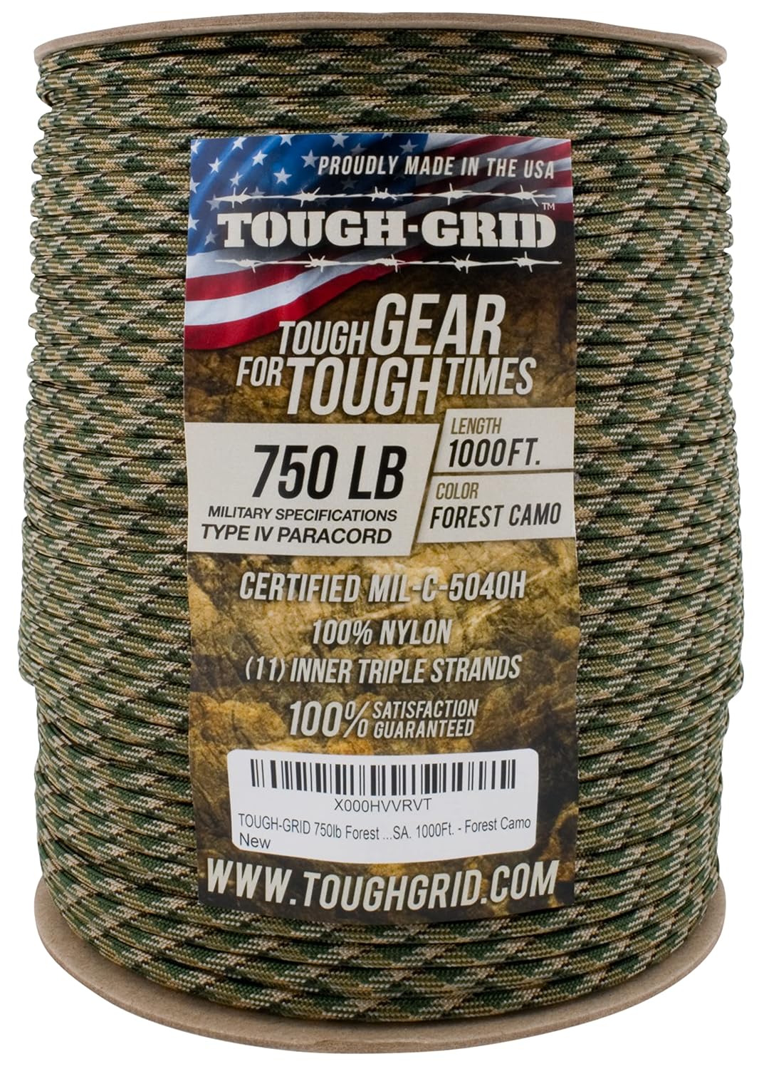 TOUGH-GRID Paracord 305m Forest Camo, große Rolle Schnur in grünen Tarnfarben