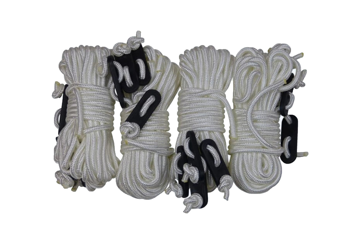 Abspannleinen Set 5 mm Nylon, vier weiße aufgerollte Leinen mit schwarzen Spannern