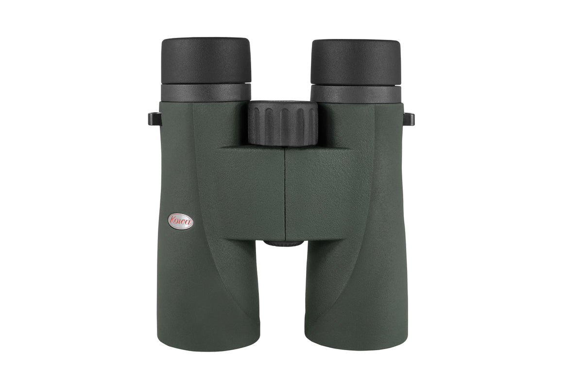 Kowa SVIII 10x42 Fernglas in Dunkelgrün, aufrecht von vorne mit den Okularen oben