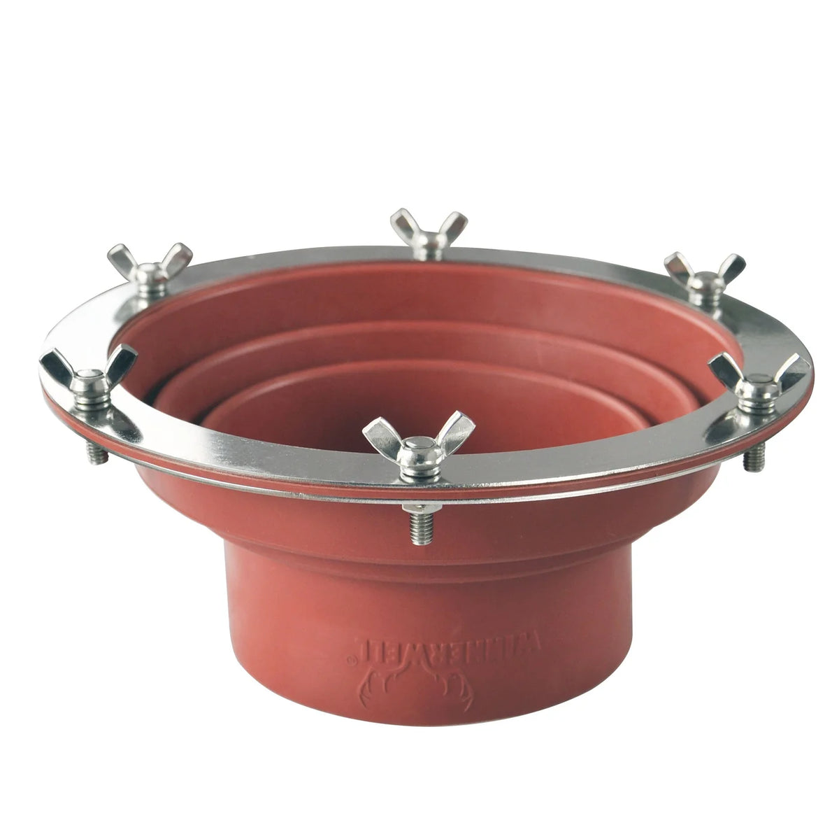 Winnerwell Flashing Kit von oben gesehen, Metallring mit Flügelmuttern auf der roten Abdichtung