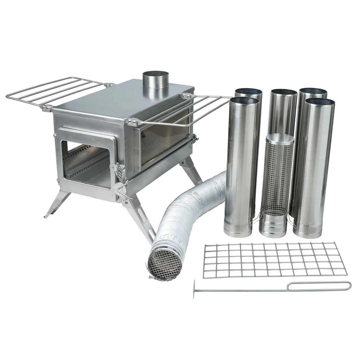 Winnerwell Nomad Plus Double View mit ausgeklappten Seitenablagen neben den Rohrteilen und dem Luftschlauch