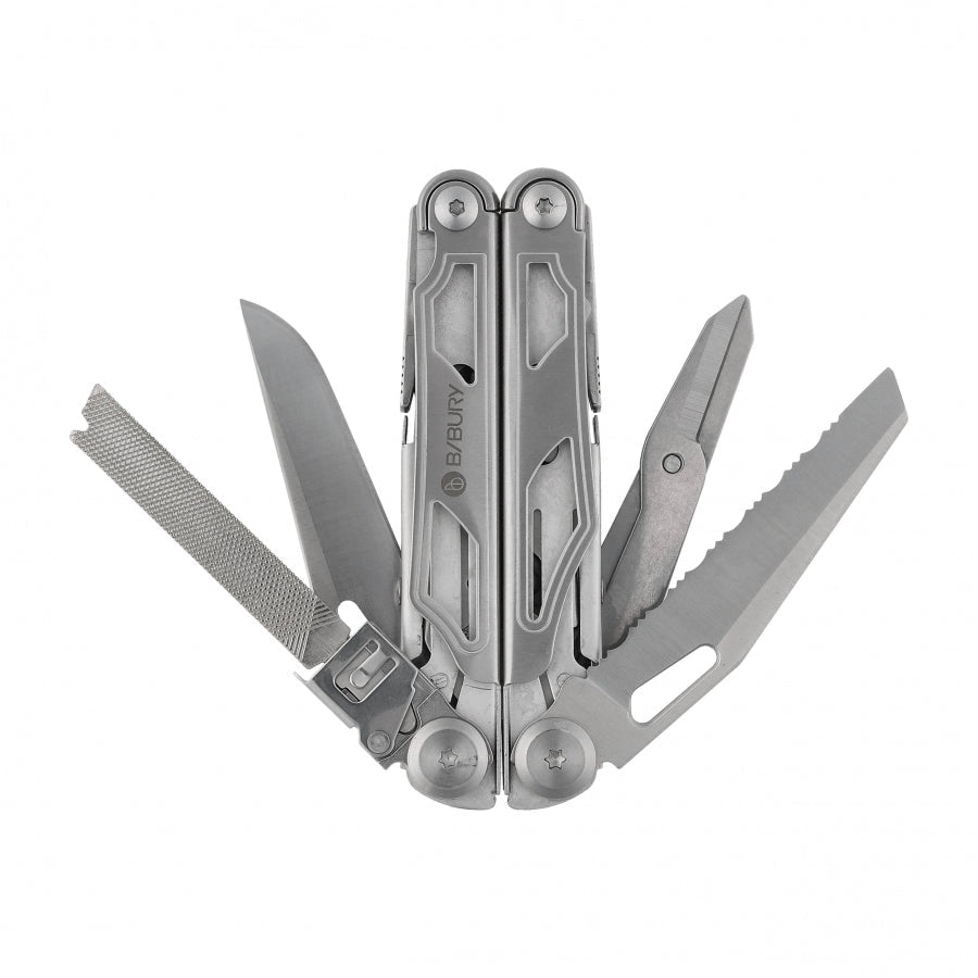 Bibury Pro Multitool mit Feile, Messer, Schere und Wellenschliffmesser ausgeklappt