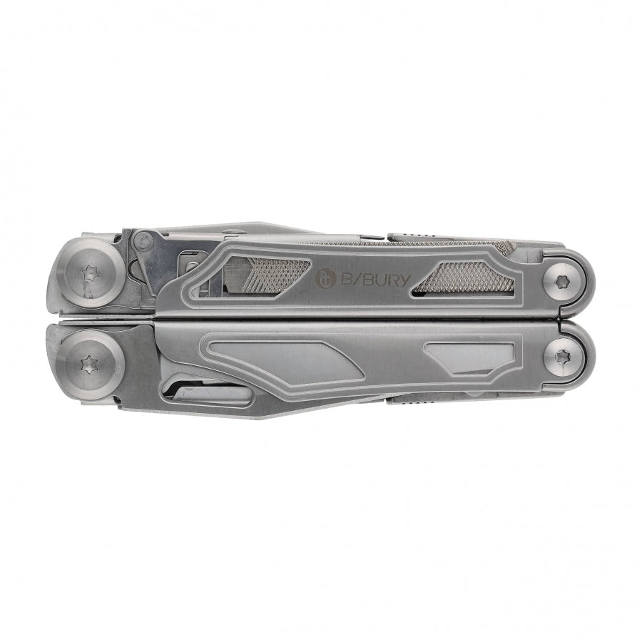 Bibury Pro Multitool zusammengeklappt, Draufsicht auf die Griffe mit Logo