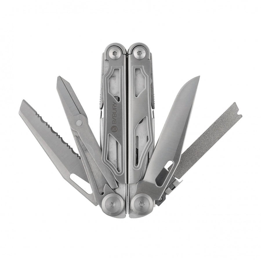 Bibury Pro Multitool mit Säge, Schere, Messer und Feile ausgeklappt, andere Seite
