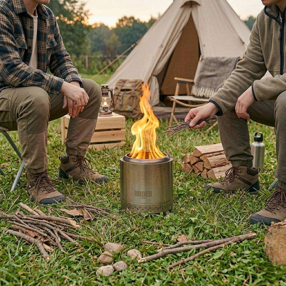 Broer Outdoor Vortex brennend auf dem Gras neben einem Canvaszelt, mit zwei Campern daneben
