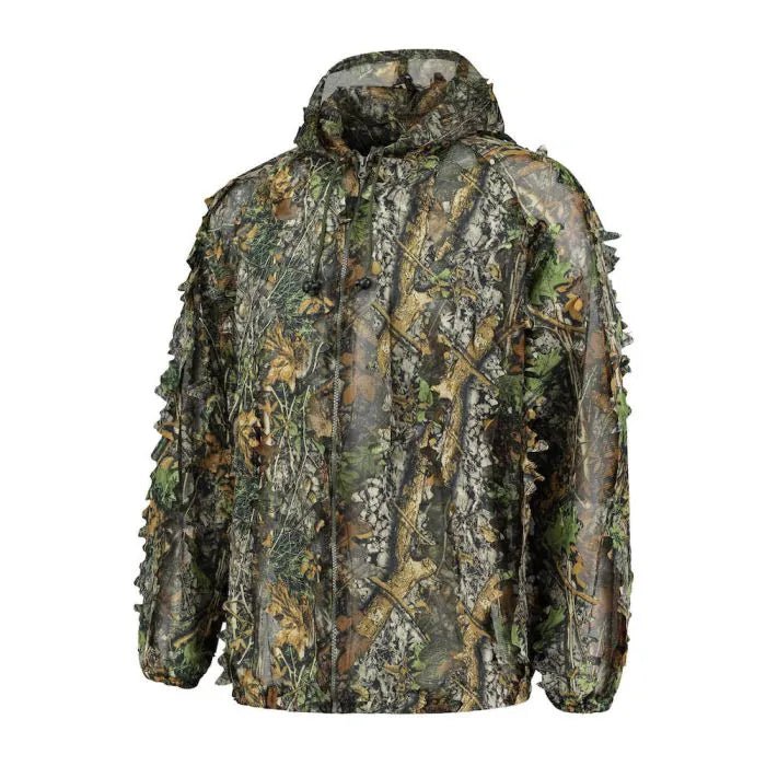 Tarnanzug zweiteilig, die Jacke mit Kapuze in Blatttarnung mit losen Blättern