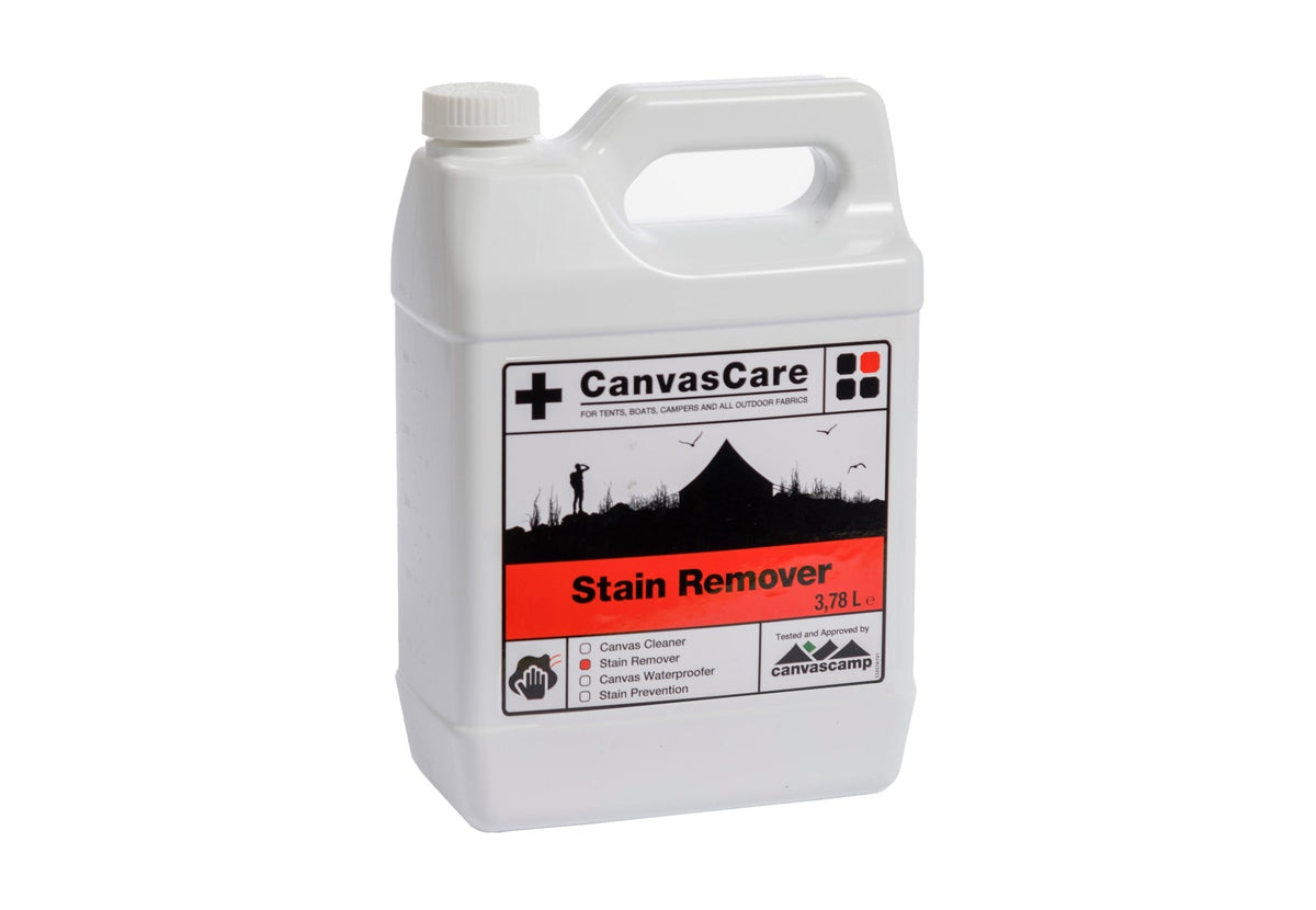 CanvasCare Fleckentferner in einem weißen Kanister mit rotem Etikett Stain Remover