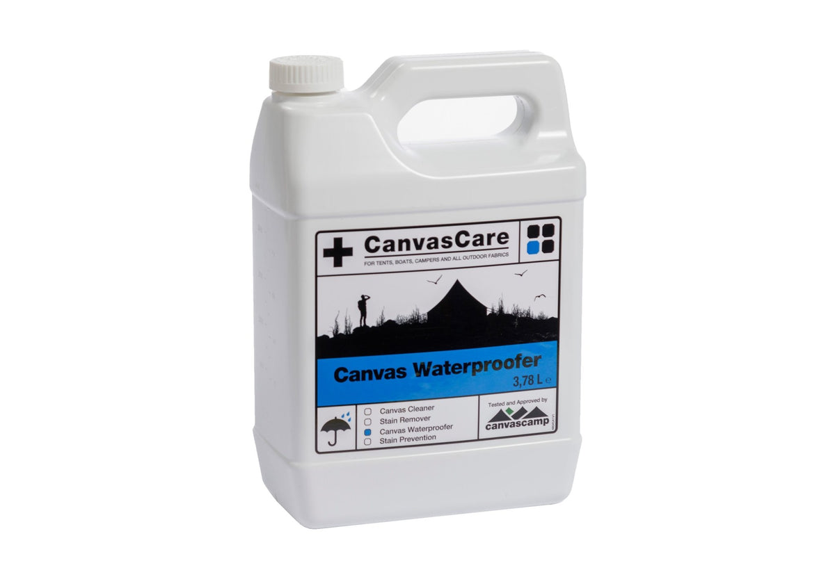 CanvasCare Waterproofer in einem weißen Kanister mit blauem Etikett Canvas Waterproofer