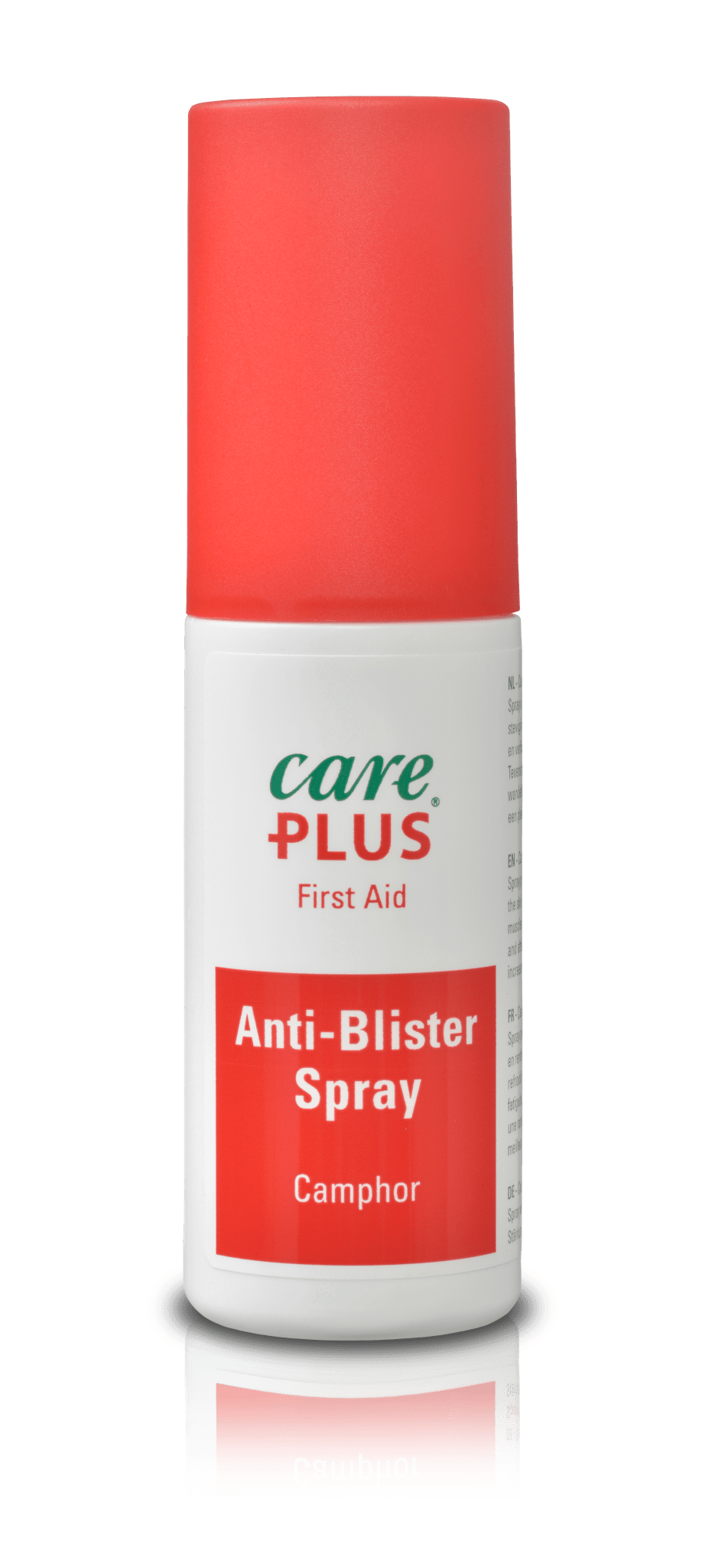 Care Plus Anti-Blister Spray in weißer Flasche mit roter Kappe und rotem Etikett