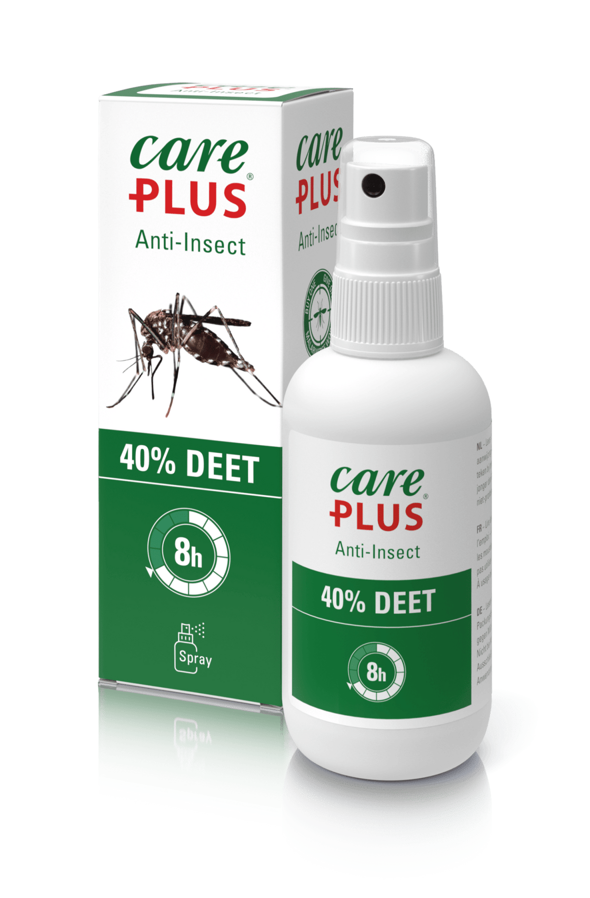 Care Plus 40% DEET Spray in einer größeren Flasche mit der Verpackung dahinter