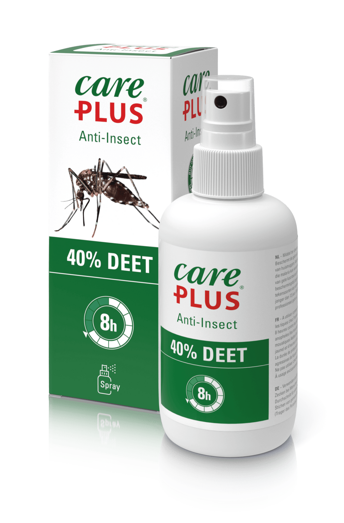 Care Plus 40% DEET Spray in der größten Flasche neben dem Karton mit Mücke