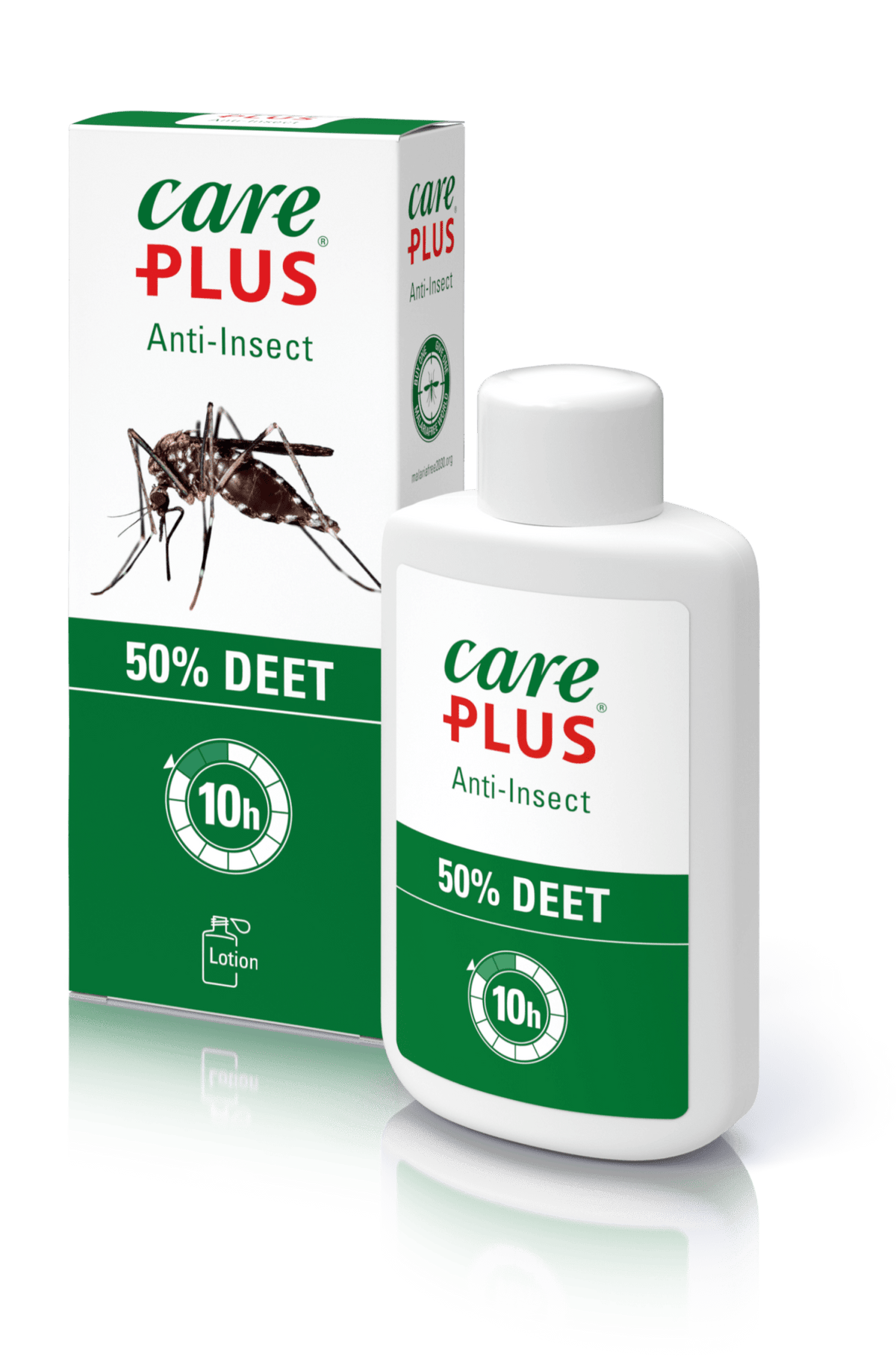 Care Plus Anti-Insect DEET Lotion 50% in weißer Flasche mit Klappverschluss neben dem grünen Karton mit Mücke