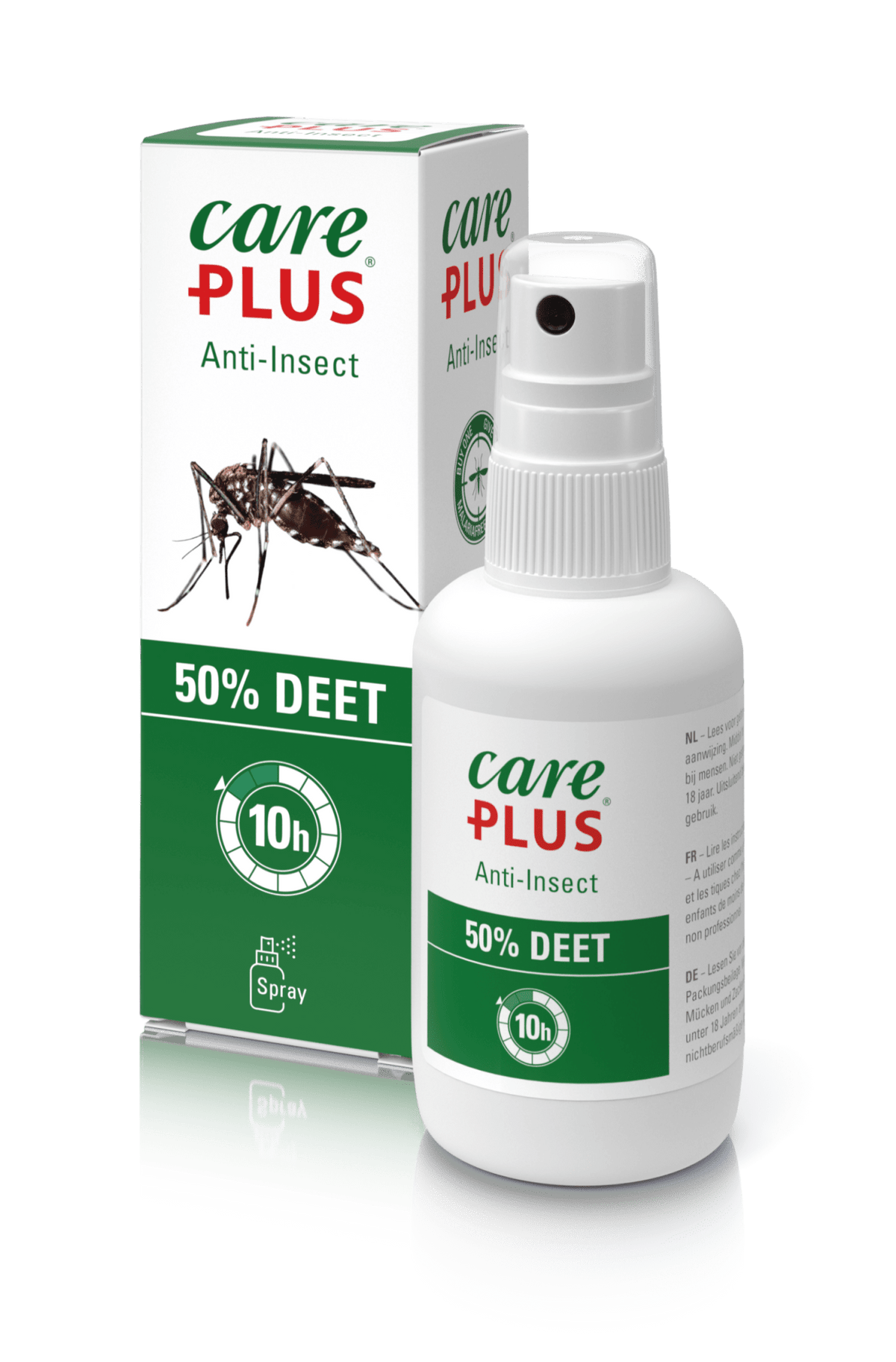 Care Plus Anti-Insect DEET 50% Sprühflasche mit weißem Pumpkopf vor dem grünen Karton mit Mücke