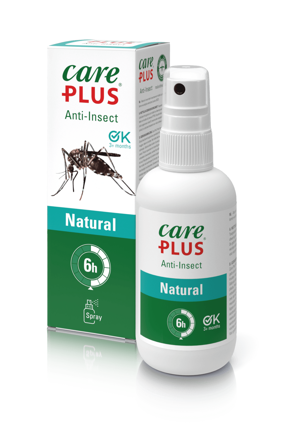 Care Plus Natural Spray in einer größeren Flasche mit der grün-weißen Verpackung dahinter