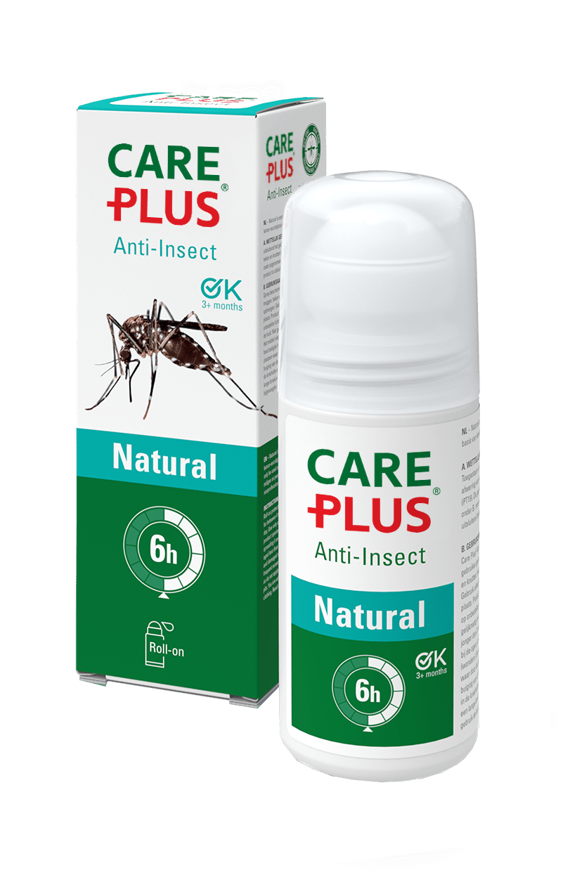 Anti-Insect Natural Roll-On von Care Plus, weißer Roller vor dem grün-weißen Karton mit Mücke