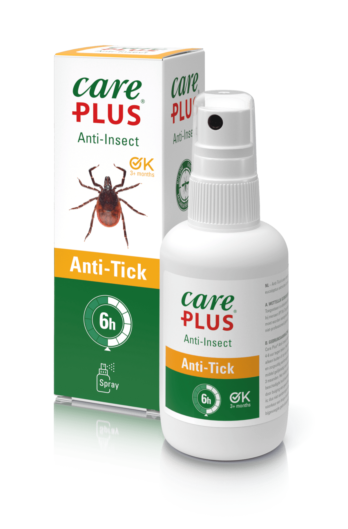 Care Plus Anti-Tick Sprühflasche mit orangem Etikett vor dem Karton mit einer Zecke
