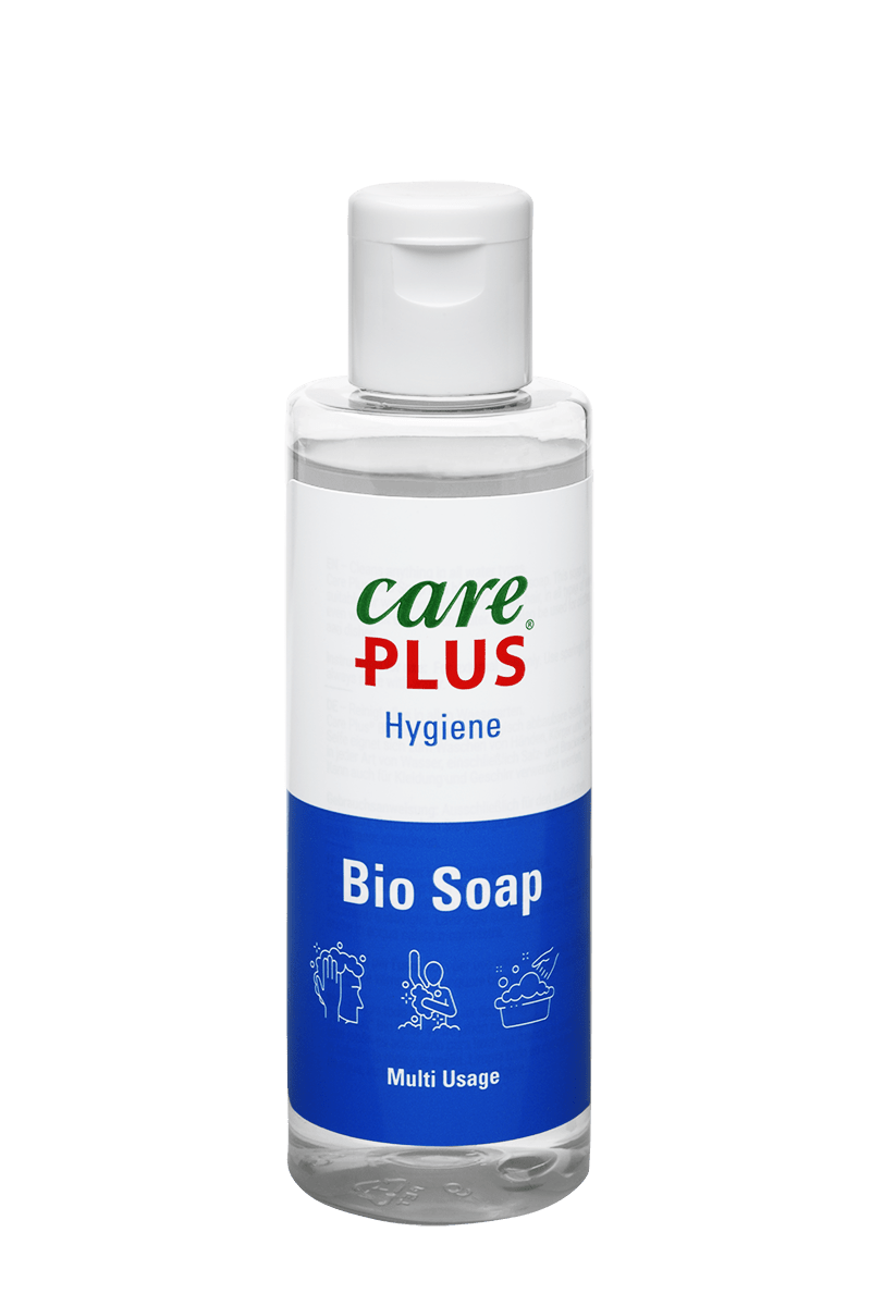 Care Plus Bio Soap in durchsichtiger Flasche mit weißem Klappverschluss und blauem Etikett