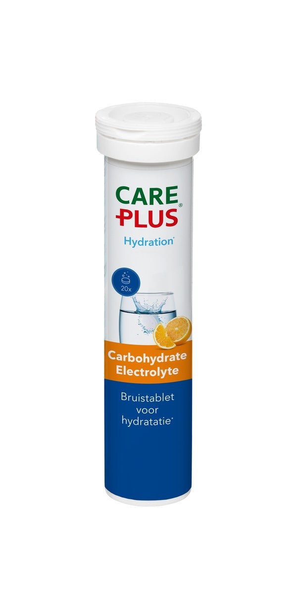 Care Plus Elektrolyt Brausetabletten im Röhrchen mit weißer Kappe und einer Orange auf dem Etikett