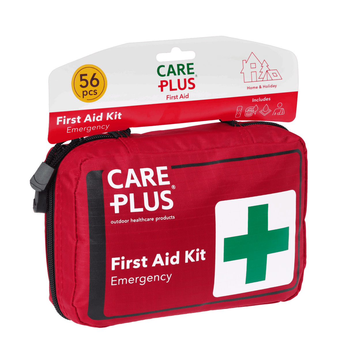 Care Plus First Aid Kit Emergency, rote Erste-Hilfe-Tasche mit grünem Kreuz an einer Karte mit 56 Teilen