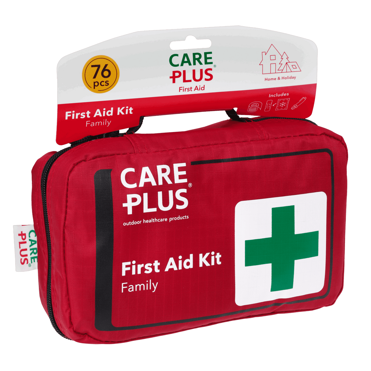 Care Plus First Aid Kit Family, große rote Erste-Hilfe-Tasche mit grünem Kreuz an einer Karte mit 76 Teilen