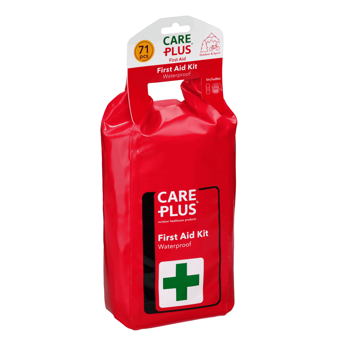 Care Plus First Aid Kit Waterproof, rote Tasche mit Rollverschluss und grünem Kreuz, 71 Teile