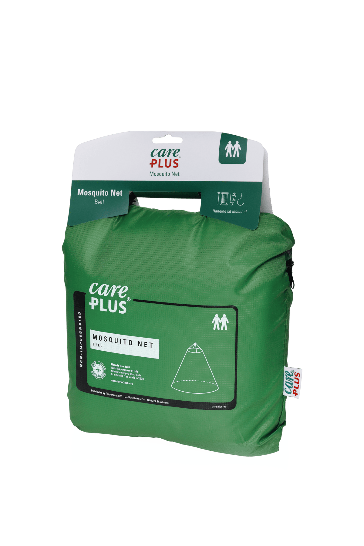 Care Plus Mosquito Net Bell Moskitonetz gefaltet in einer grünen Aufbewahrungstasche mit Aufhängekarte