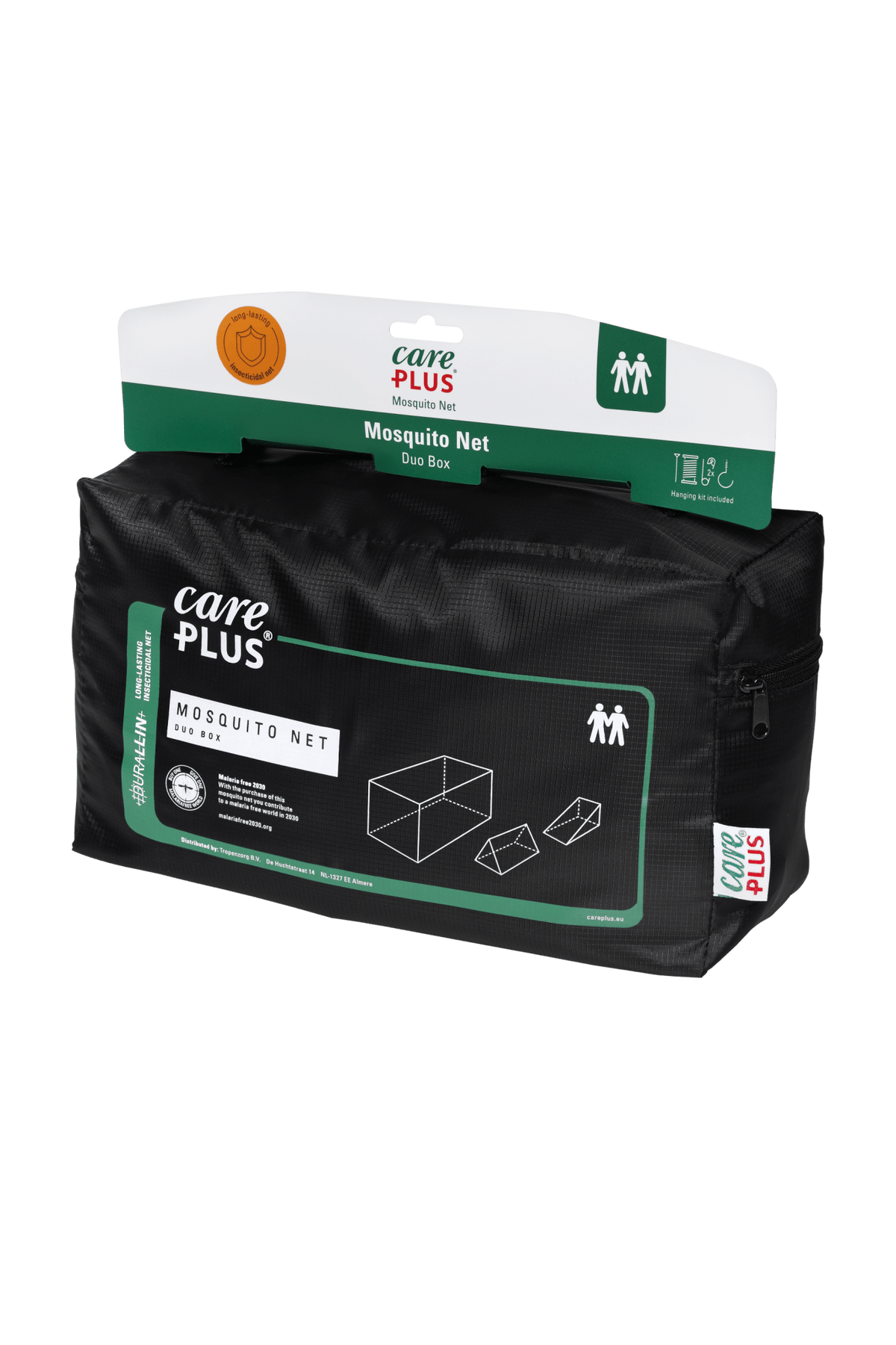 Care Plus Duo Box Moskitonetz in einer schwarzen Aufbewahrungstasche mit Aufhängekarte und Zeichnung des Netzes