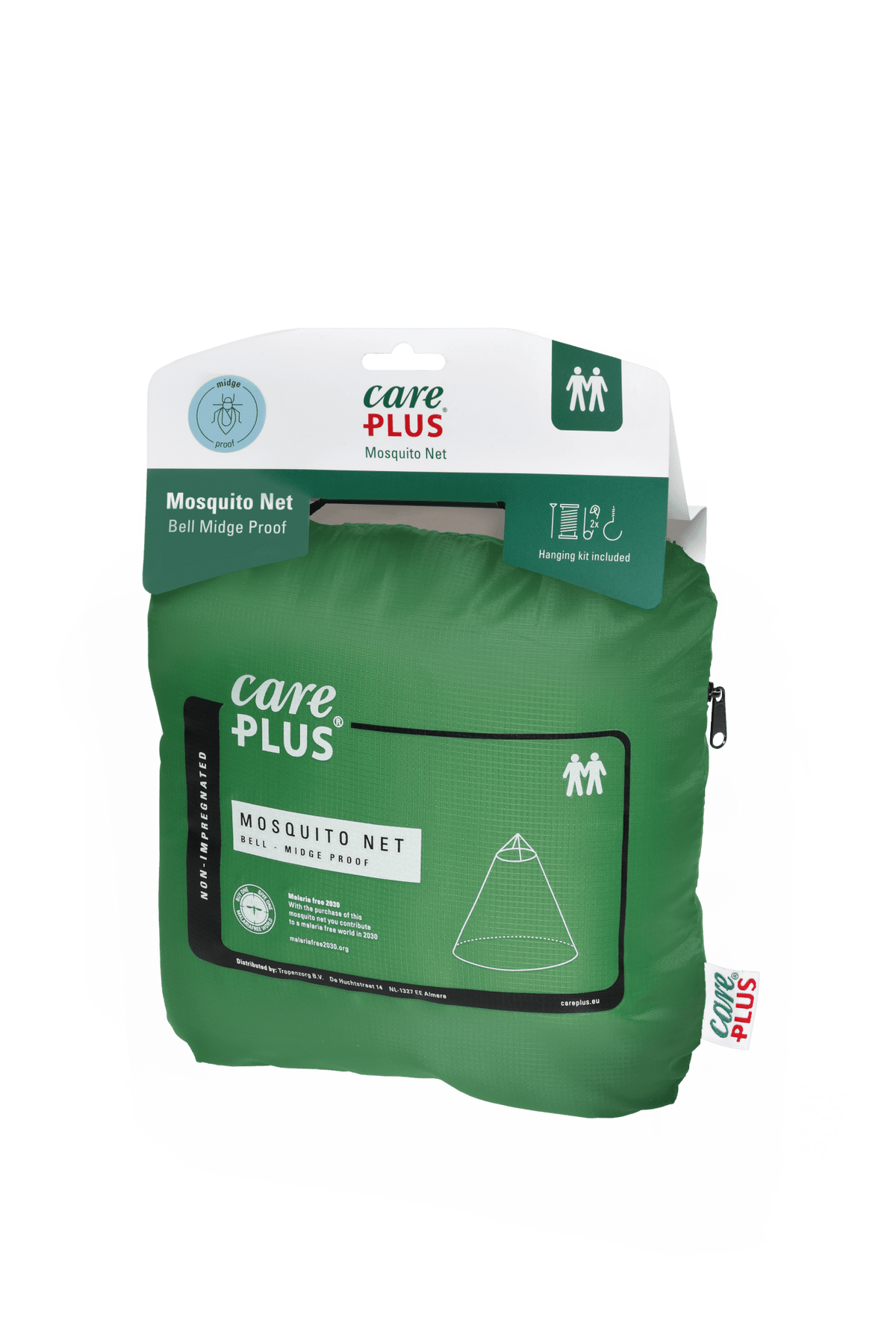 Care Plus Midge-Proof Bell Moskitonetz gefaltet in einer grünen Aufbewahrungstasche mit Aufhängekarte