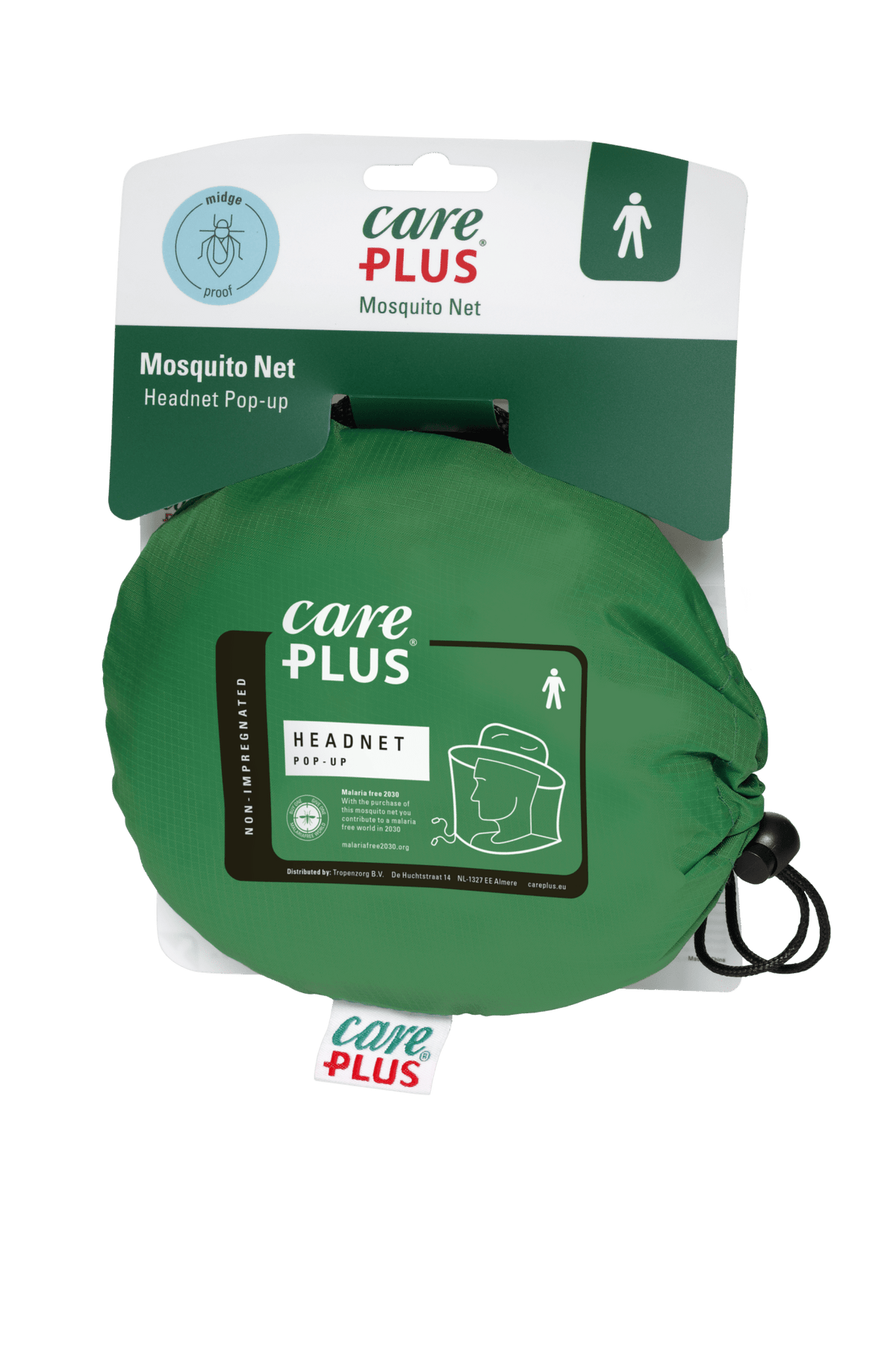 Care Plus Pop-Up HeadNet Kopfnetz gefaltet in einer runden grünen Tasche mit Aufhängekarte