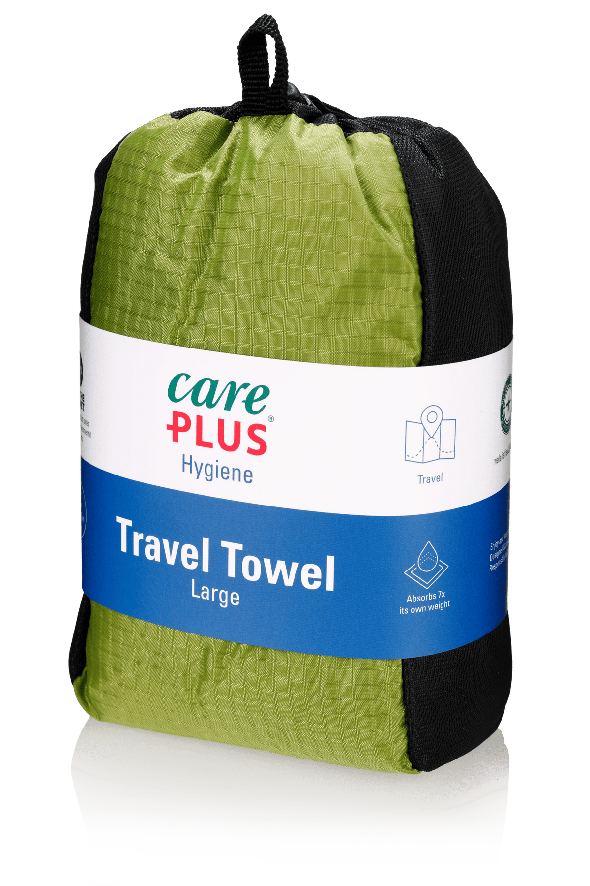 Care Plus Travel Towel Reisehandtuch Large in Grün, gefaltet in einer Aufbewahrungstasche mit Schlaufe