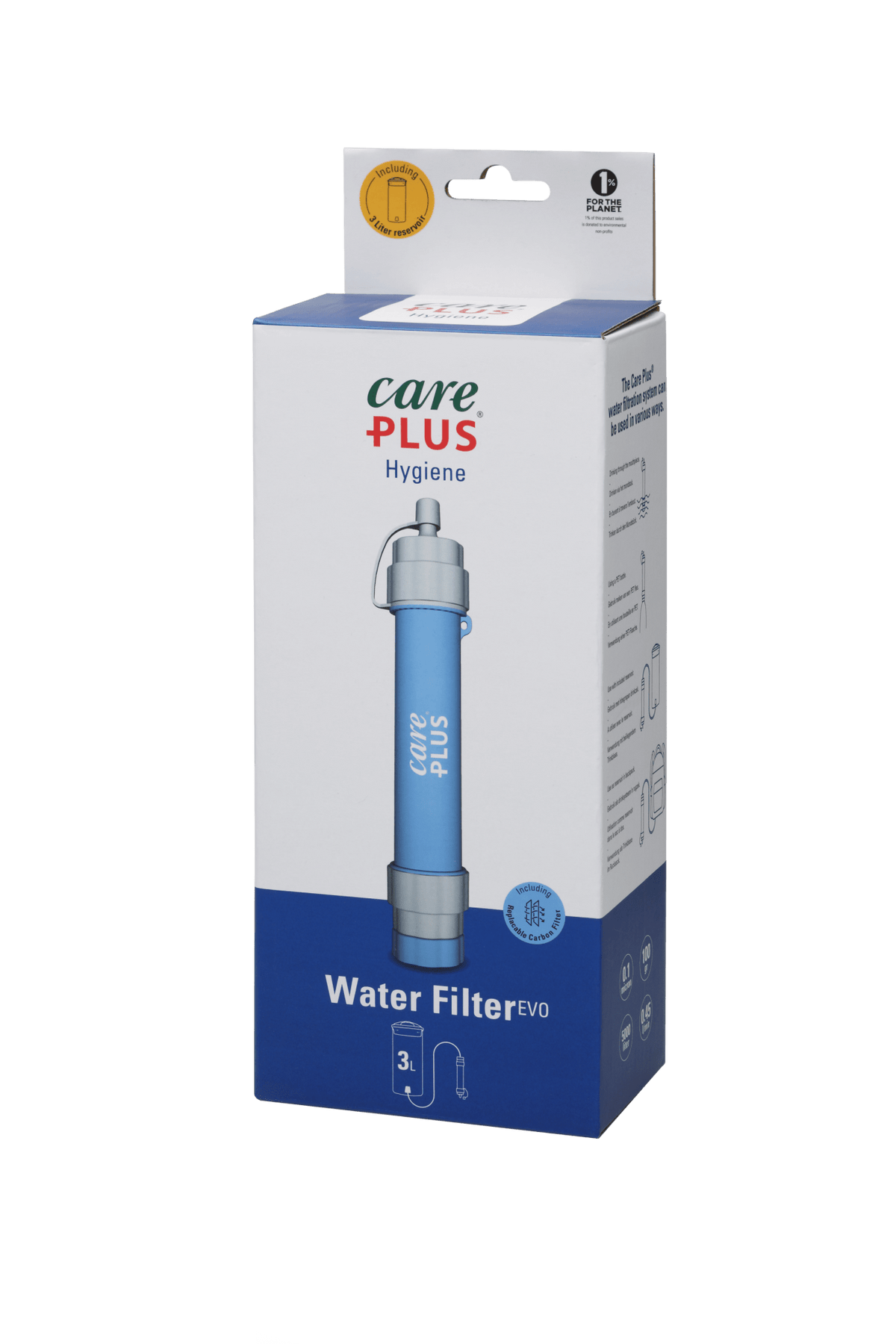Care Plus Water Filter EVO, blauer Trinkwasserfilter in einer Schachtel mit Sichtfenster