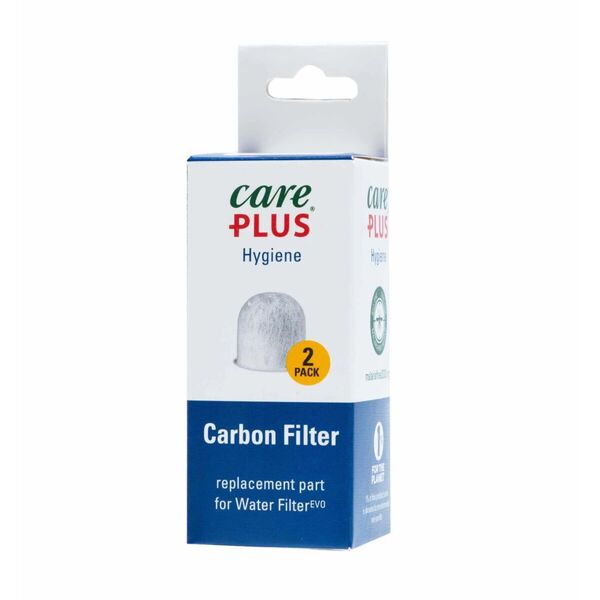 Care Plus Evo Aktivkohlefilter, Ersatzfilter in einer blau-weißen Schachtel mit 2 Stück