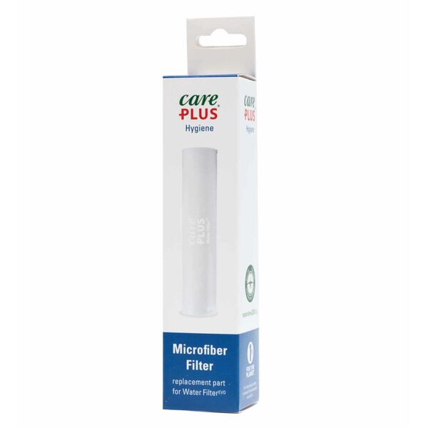 Care Plus Evo Mikrofaserfilter, weißer Filterstab in einer schmalen blau-weißen Schachtel